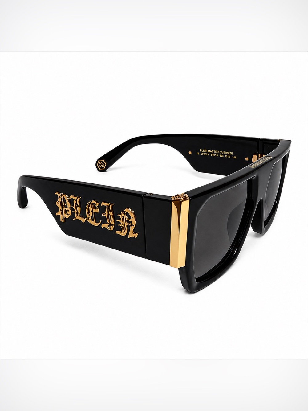 Philipp Plein Black Rectangular Sunglasses with Gold Logo Temples - Picture 3 of 5